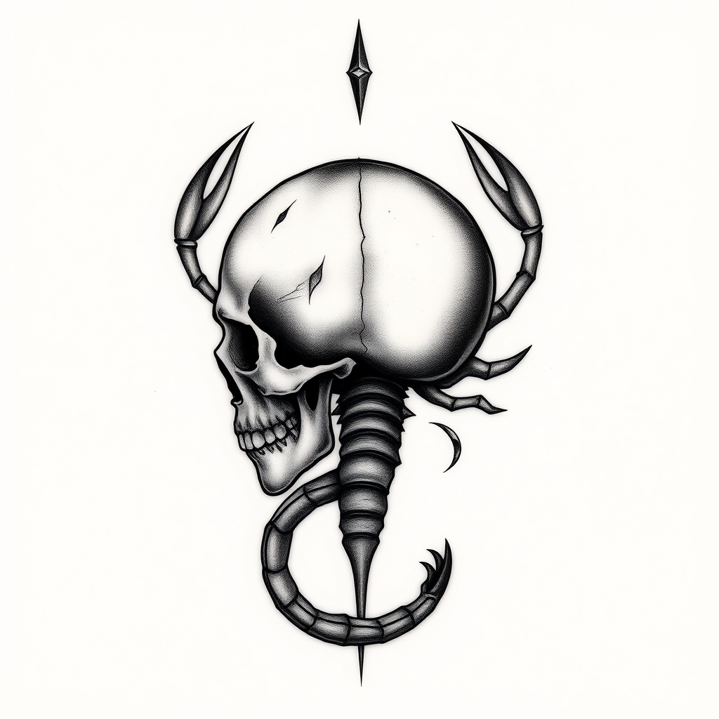 A tattoo design of A tatto of a human skull with the back of it transformed to a Scorpio tail in the style of blackwork. - astrology mythology tattoo design generated by AI tattoo generator