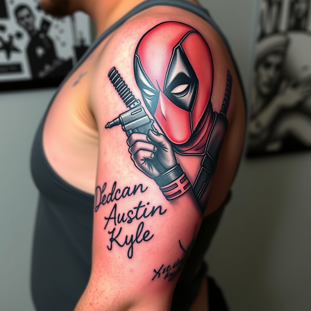A tattoo design of Top half sleeve tattoo of deadpool holding a tattoo gun and tattooing the names Deacan Austin and Kyle directly on to the arm in the style of blackwork. - superhero tattoo tattoo design generated by AI tattoo generator