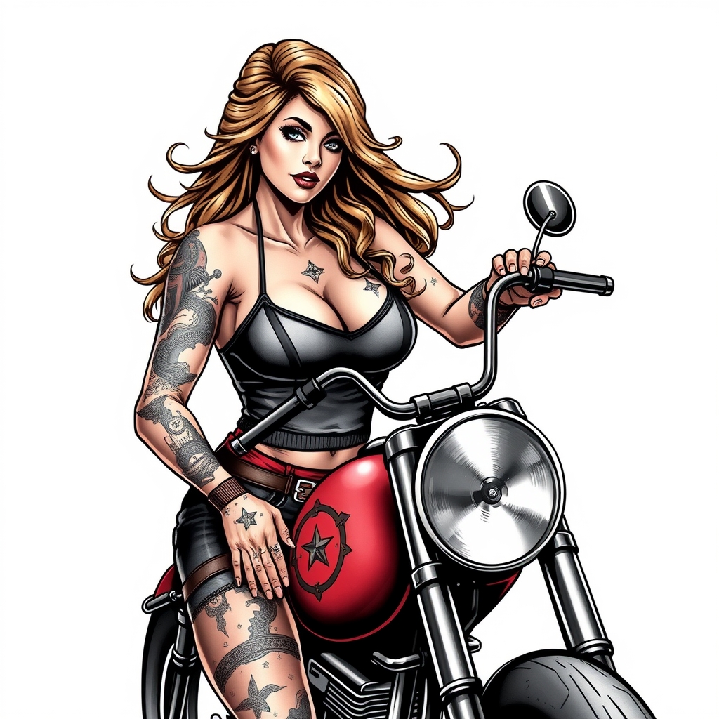 A tattoo design of Hot wife with biker in the style of realistic. - biker tattoo design generated by AI tattoo generator