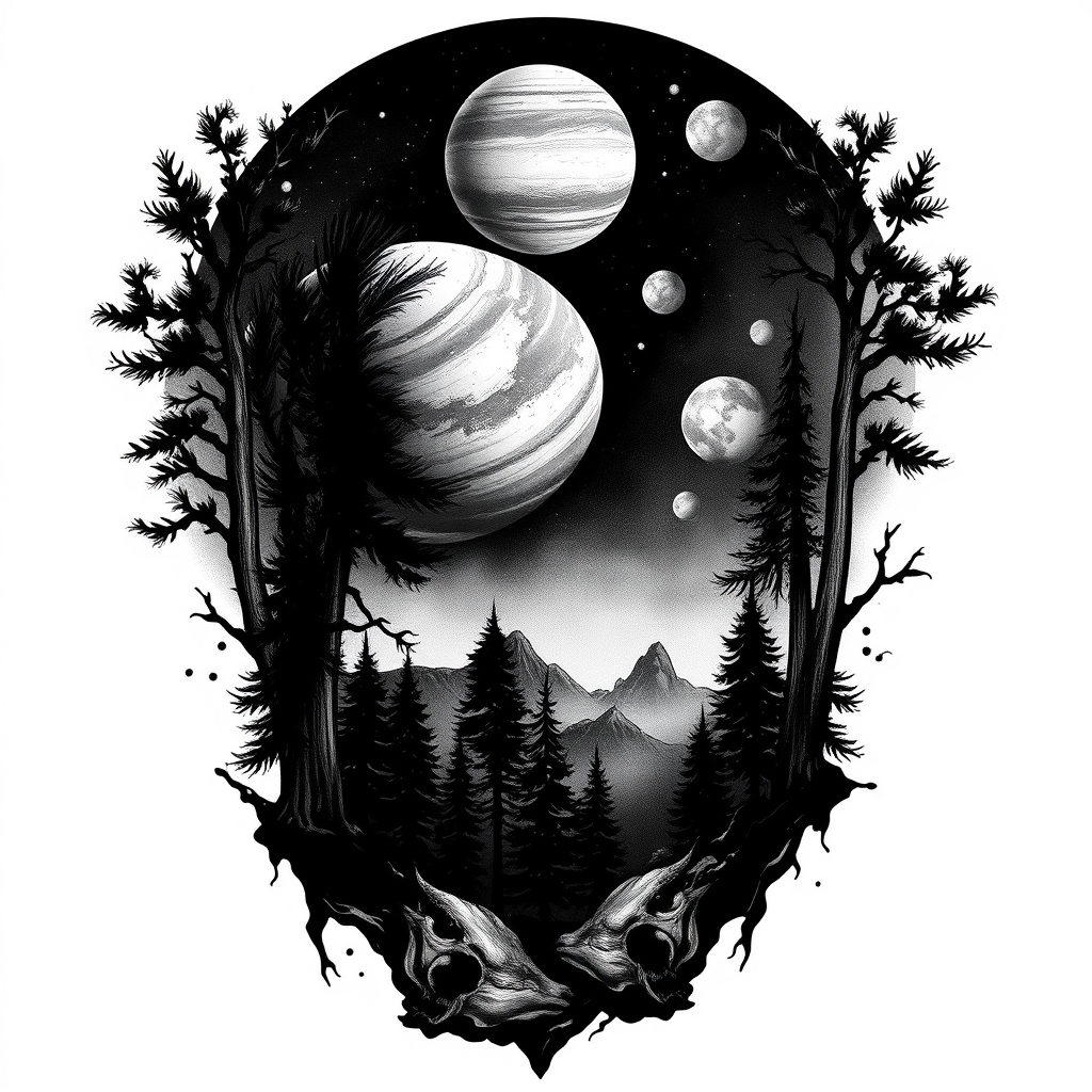 A tattoo design of Dark Forest and planets in the style of realistic. - space fantasy tattoo design generated by AI tattoo generator
