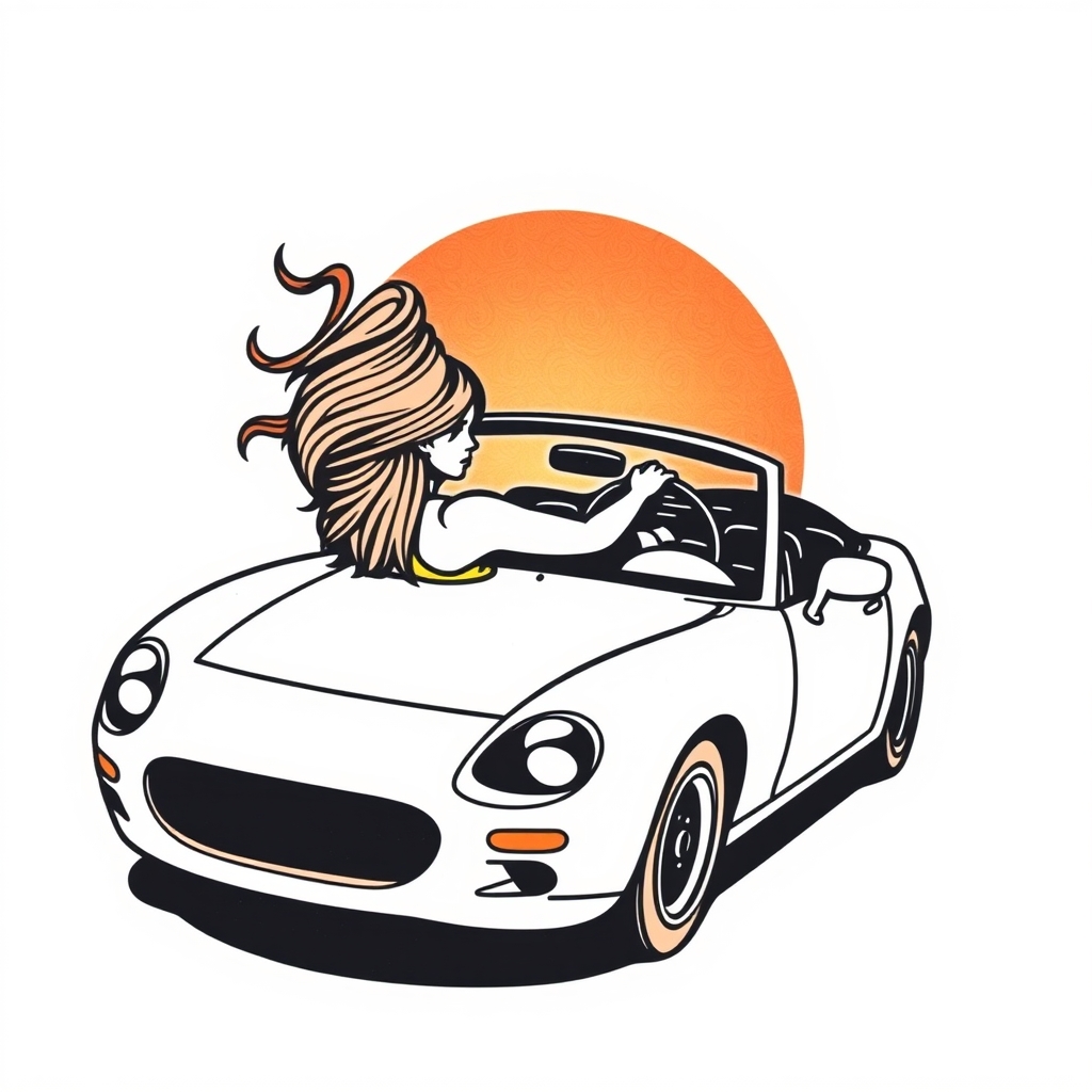A tattoo design of Hot wife driving miata in the style of minimalist. - car tattoo design generated by AI tattoo generator