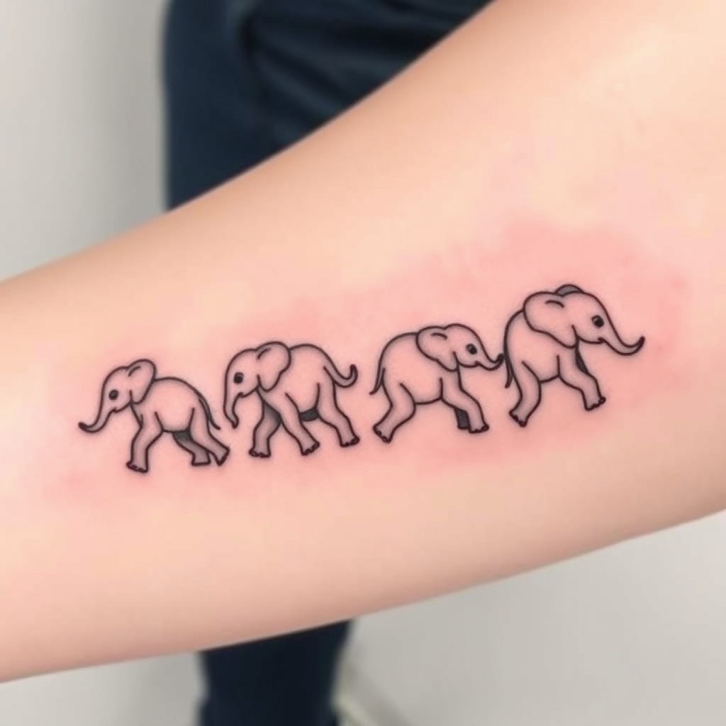 A tattoo design of 4 baby elephants all walking left to right gradually getting smaller in the style of minimalist. - baby elephants tattoo design generated by AI tattoo generator