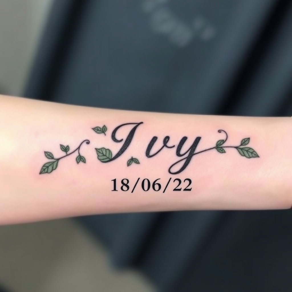 A tattoo design of Ivy leaves with the name Ivy incorporated and the date of birth 18/06/22 in the style of minimalist. - name and birth date tattoo design generated by AI tattoo generator