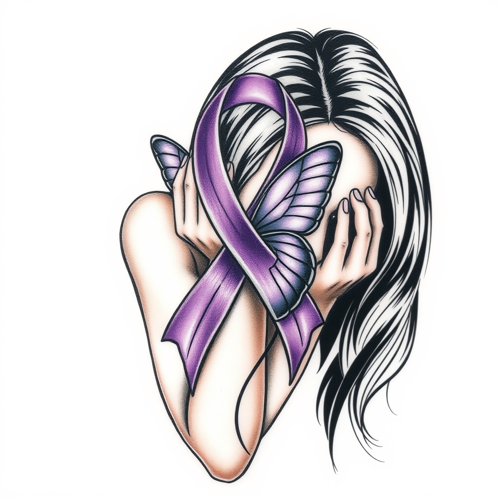 A tattoo design of Domestic violence ribbon awareness inclined together with a purple butterfly as a women hunched over her hands overing her face in the style of tribal. - domestic violence awareness tattoo design generated by AI tattoo generator