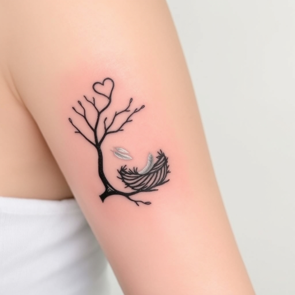 A tattoo design of Let’s combine elements into a custom, symbolic tattoo just for you — a mom of two boys, deeply connected, now experiencing the journey of an empty nest. --- 💫 Custom Tattoo Design: “The Nest, the Tree, and the Sky” Visual Description (imagine this as a small-to-medium-sized design): A gently curved tree on one side, its branches forming a subtle heart shape at the top. Nestled in the crook of a lower branch is a small nest, with two tiny feathers left behind — symbolizing your sons having flown, but always part of the home you created. in the style of minimalist. - family relationships tattoo design generated by AI tattoo generator
