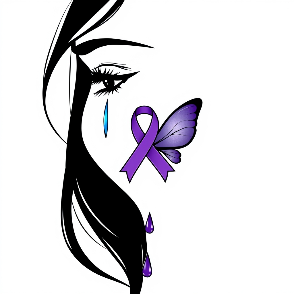 A tattoo design of A tear running down a woman's face with a domestic violence ribbon and a purple butterfly entwined together in the style of minimalist. - domestic violence awareness tattoo design generated by AI tattoo generator