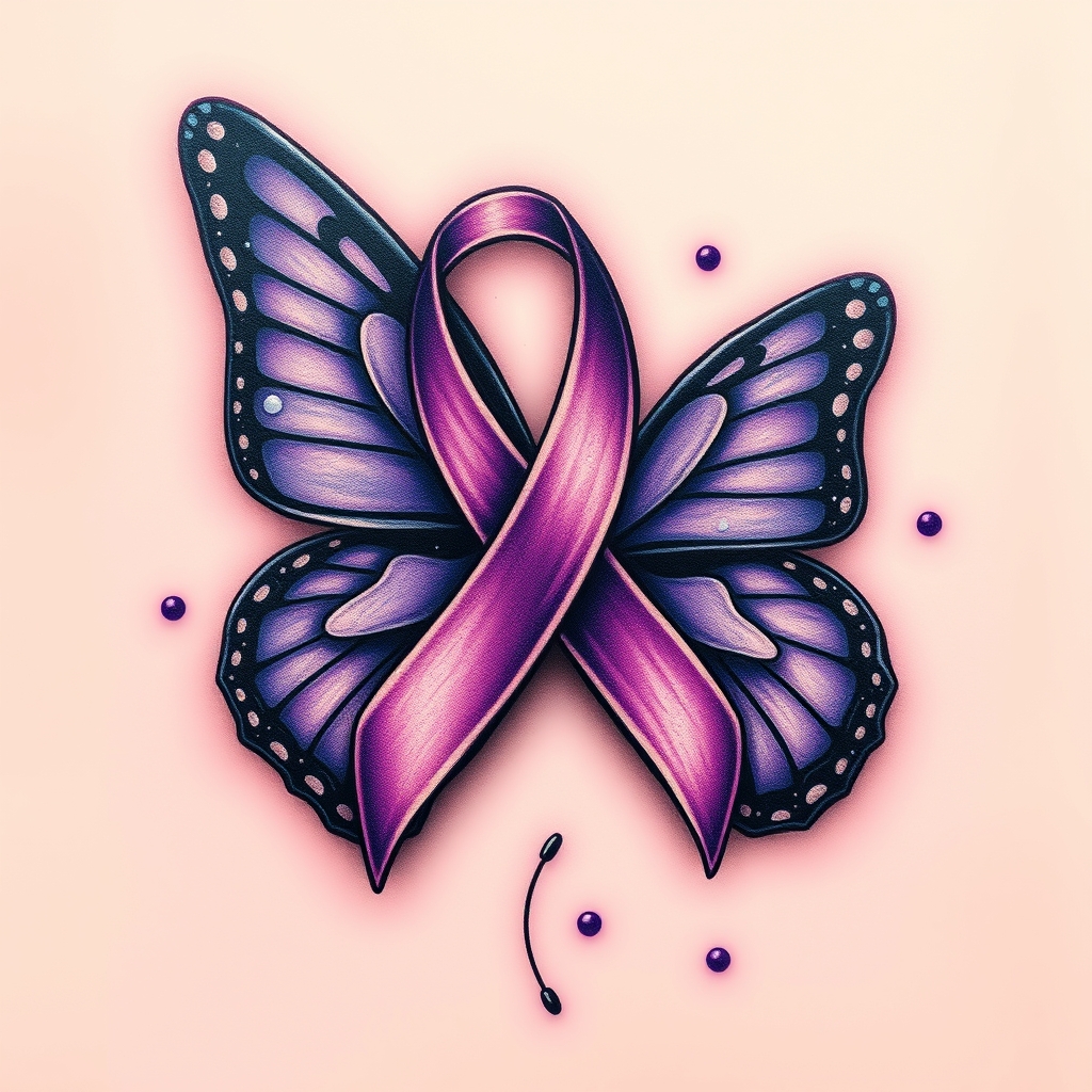 A tattoo design of  crying with the domestic awareness ribbon with a purple butterfly entwined together in the style of realistic. - awareness ribbon tattoo design generated by AI tattoo generator