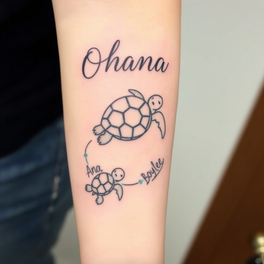 A tattoo design of I want a custom forearm tattoo featuring a momma sea turtle and three baby turtles, inspired by the characters from Finding Nemo—cute, rounded, with expressive features. At the top of the design, near my elbow, I want the word ‘Ohana’ in a script that curves around my arm slightly. The momma turtle will lead the way, and behind her, the three baby turtles will swim in a flowing line toward my wrist. I’d like a stream of water that weaves between and around all the turtles to connect them, giving it movement and a sense of journey. The names Ana, Logan, and Baylee should be placed just beside each baby turtle—not on the shells—and written in a delicate script font. For colors, I prefer a limited palette: muted seafoam and olive greens for the turtles, light teal or watercolor blue for the stream, and sandy beige or soft gray for the names and ‘Ohana.’ The overall style should feel soft and elegant with fine lines, but still playful like the turtles in Finding Nemo. It should flow naturally with the shape of my right forearm.” in the style of realistic. - sea turtles tattoo design generated by AI tattoo generator
