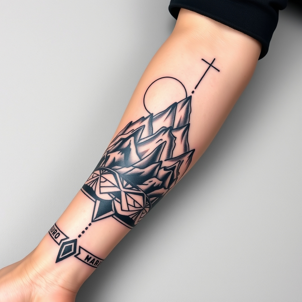 A tattoo design of Long Masculine peruvian tattoo for a forearm with mountains in the style of geometric. - landscapes tattoo design generated by AI tattoo generator