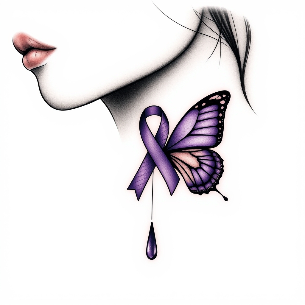 A tattoo design of A tear running down a woman's face with a domestic violence ribbon and a purple butterfly entwined together in the style of minimalist. - domestic violence awareness tattoo design generated by AI tattoo generator