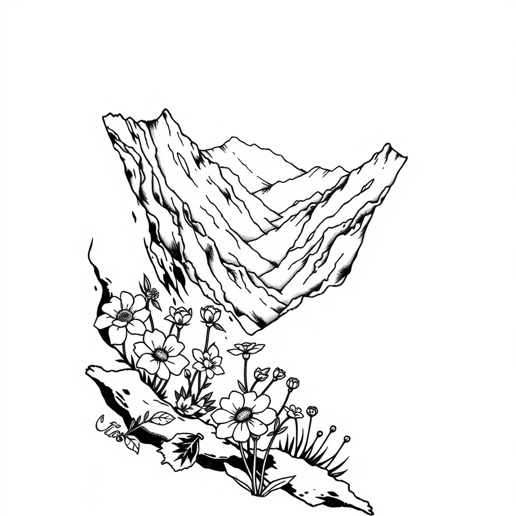 A tattoo design of A deep valley with flowers growing in between. A black and white fine line tattoo in the style of traditional. - landscape nature tattoo design generated by AI tattoo generator