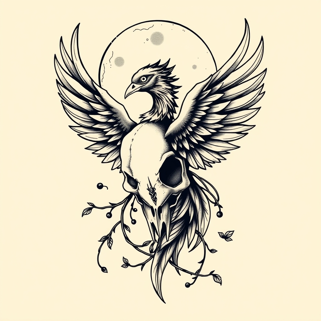 A tattoo design of Phoenix with moon and vines intertwined feather skull in the style of realistic. - mythical creatures tattoo design generated by AI tattoo generator