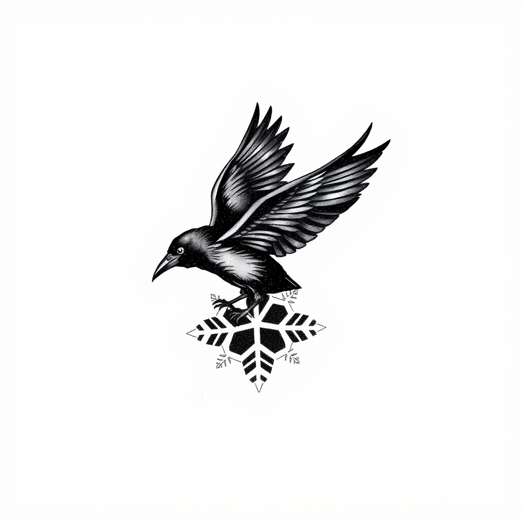 A tattoo design of Can you create a visual representation of my tattoo concept and generate the image in black and white, including subtle shading or grayscale details for depth ? A minimalistic yet detailed tattoo design of a black raven taking off from a delicate white snowflake, with the snowflake breaking into fine, detailed snow dust. The raven is mid-flight, wings spread gracefully, and the snowflake beneath its claws is disintegrating into soft, intricate snow particles to emphasize motion and lightness. The lines are fine and clean, balancing realism and simplicity for a small, elegant tattoo. The design is subtle but expressive, ideal for a discreet and symbolic piece. in the style of geometric. - animal bird tattoo design generated by AI tattoo generator