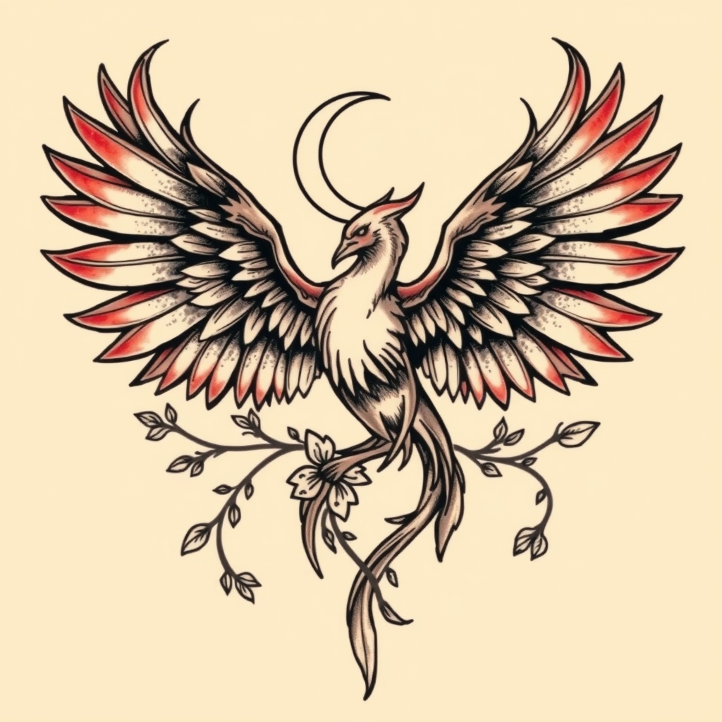 A tattoo design of Phoenix with crescent moon and vines intertwined in the style of realistic. - mythical creatures tattoo design generated by AI tattoo generator