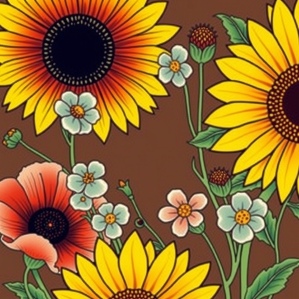 A tattoo design of Sunflowers,  poppies and forget-me-nots  in the style of japanese. - flowers tattoo design generated by AI tattoo generator