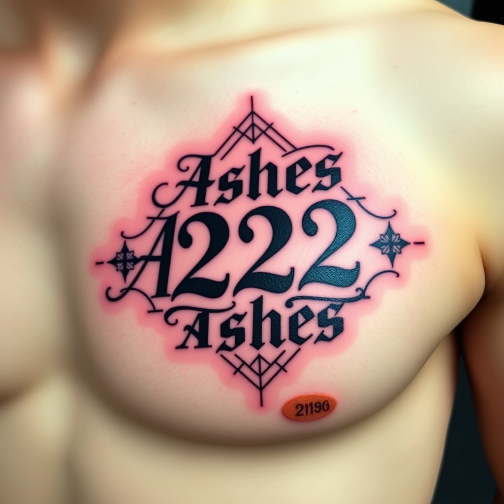 A tattoo design of Words "Ashes 222 Ashes" on left pectoralis in the style of geometric. - memorial tattoo tattoo design generated by AI tattoo generator