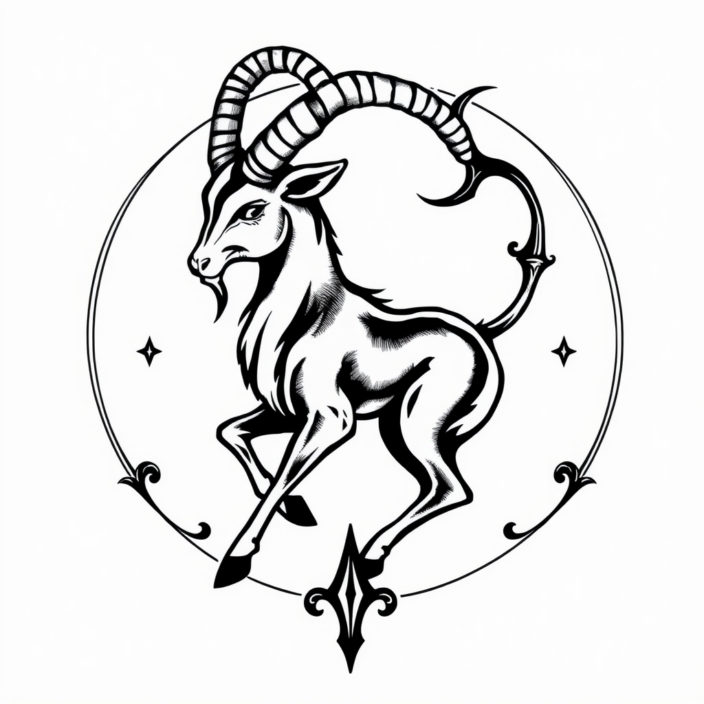 A tattoo design of capricorn in the style of blackwork. - zodiac sign tattoo design generated by AI tattoo generator