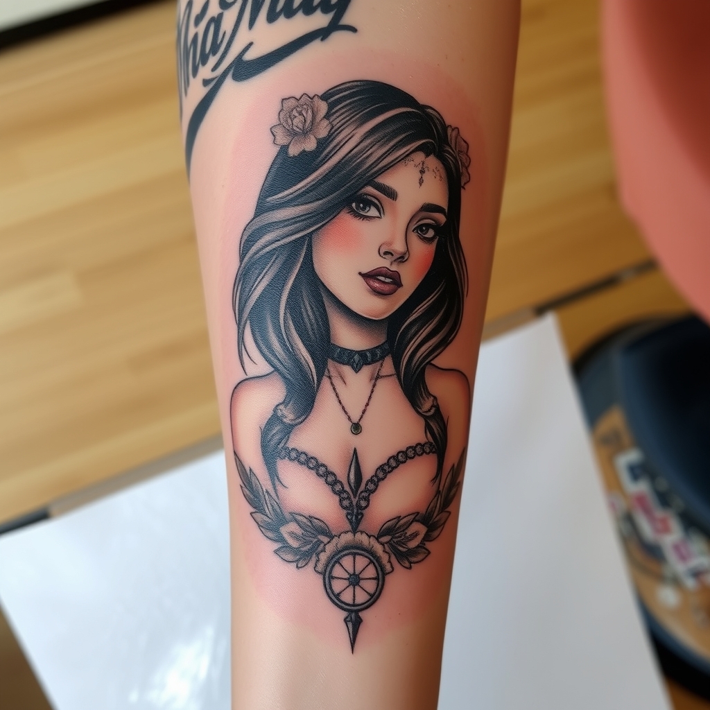 A tattoo design of Mia May on forearm  in the style of realistic. - name tattoo design generated by AI tattoo generator