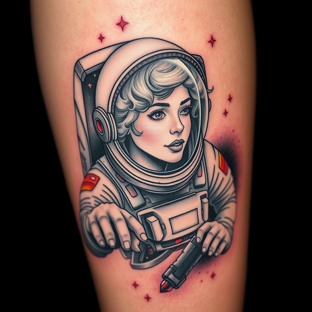 A tattoo design of Photorealistic black and grey space themed tattoo of light curly-haired female traveling through space. A bright red ruby, being the only color in yhe tattoo, shines red on her space suit. Include a Houston, Texas reference if possible.  in the style of realistic. - space travel tattoo design generated by AI tattoo generator