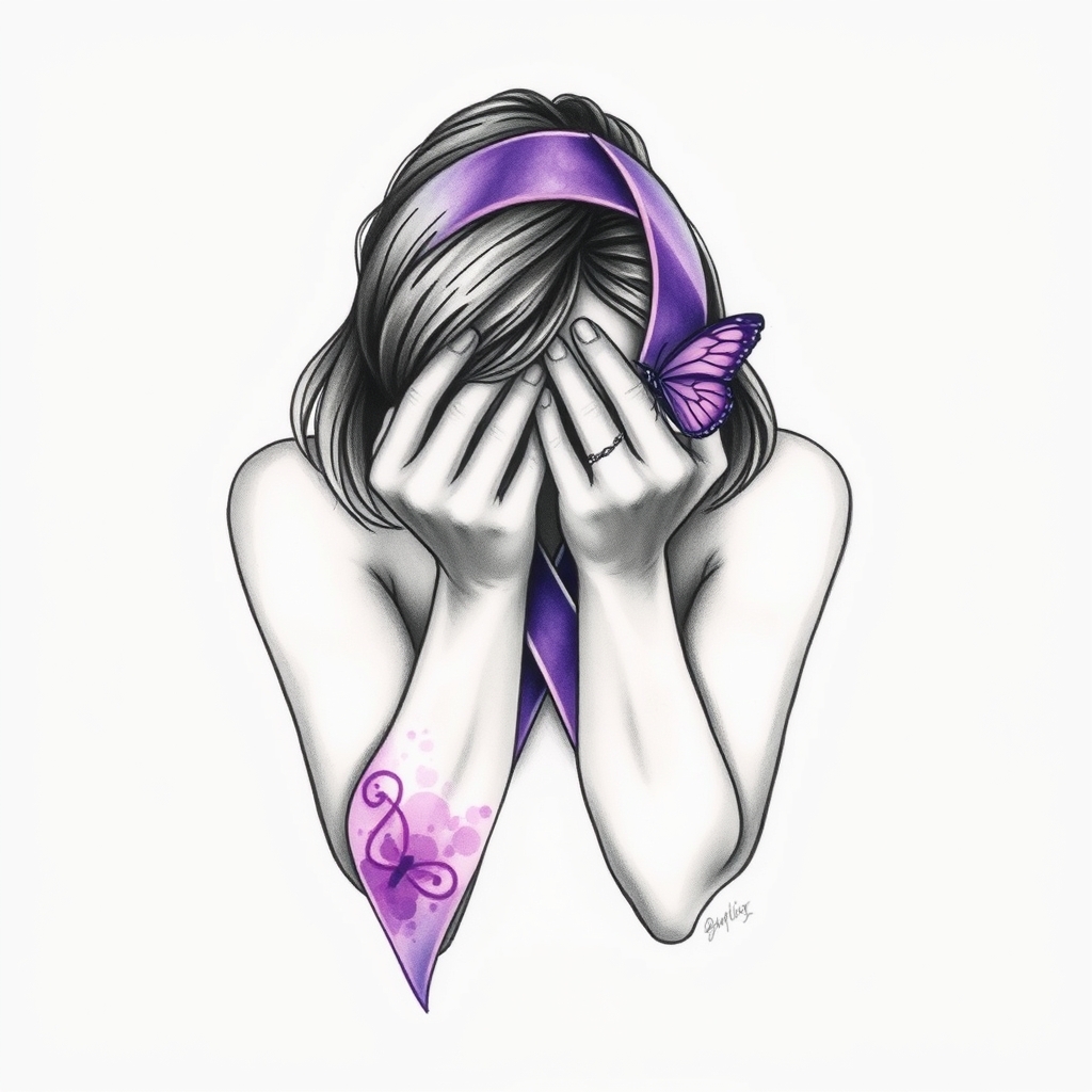 A tattoo design of Domestic violence ribbon awareness inclined together with a purple butterfly as a women hunched over her hands overing her face in the style of watercolor. - domestic violence awareness tattoo design generated by AI tattoo generator