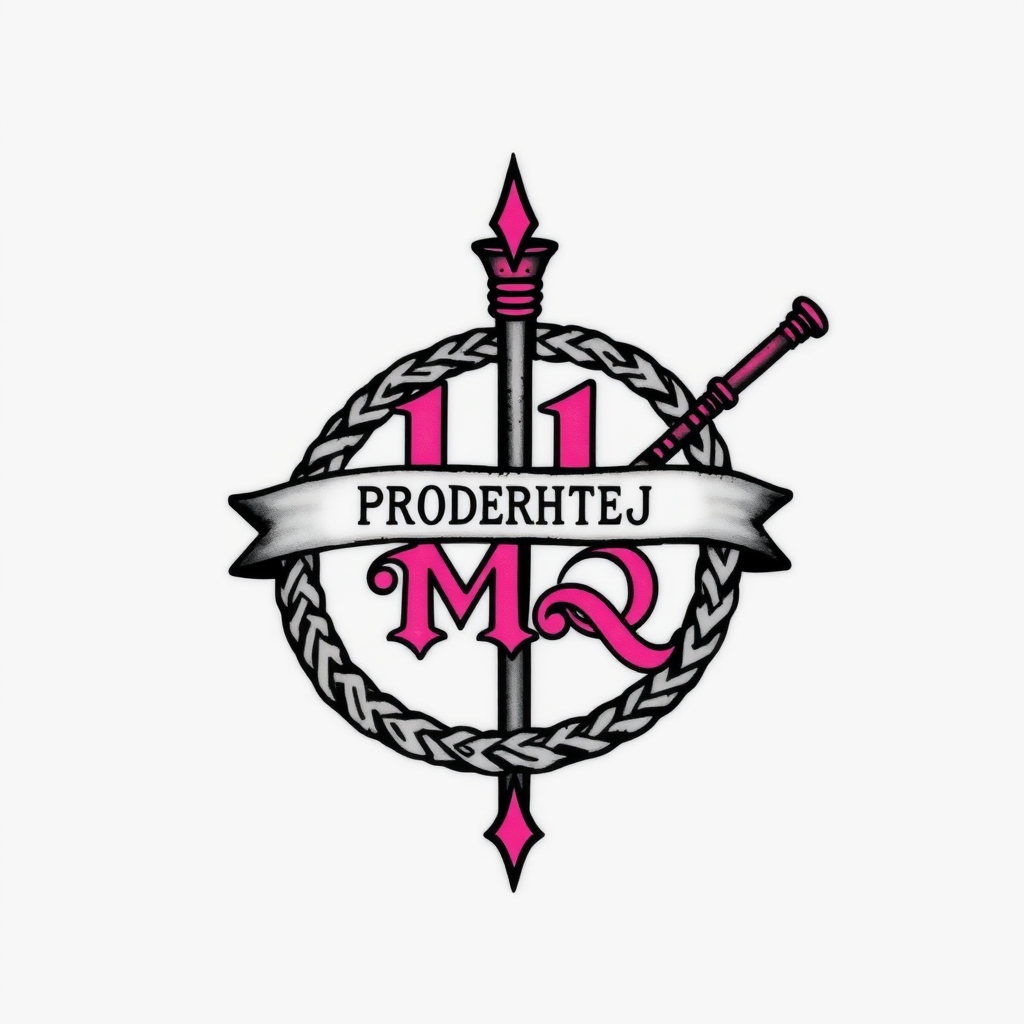 A tattoo design of Cuckold symbol.  Black and pink are the colors. Name is bb.  Says PROPERTY OF MQ.  A whip is shown.   in the style of traditional. - bdsm fetish tattoo design generated by AI tattoo generator