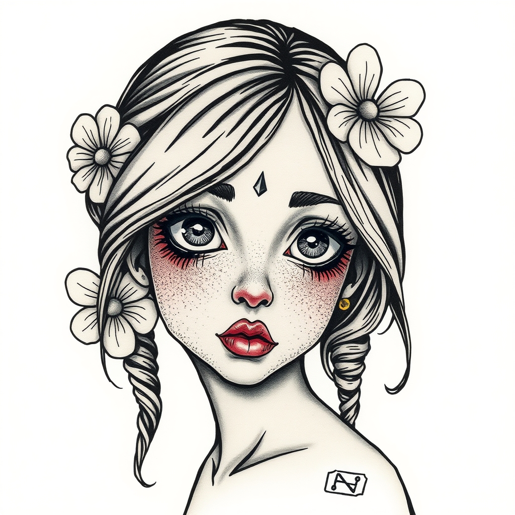 A tattoo design of Många girl who looks curious in the style of surrealistic. - female portrait tattoo design generated by AI tattoo generator