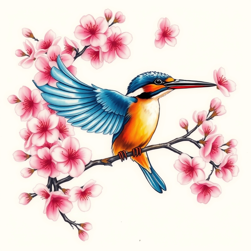 A tattoo design of blue and orange kingfisher in flight surrounded by large quantity of pink cherry blossoms in the style of watercolor. - birds and flowers tattoo design generated by AI tattoo generator