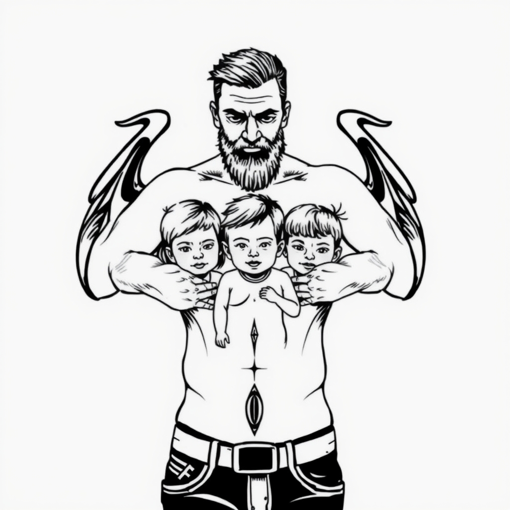 A tattoo design of A father protecting his 3 kids in the style of blackwork. - family tattoo design generated by AI tattoo generator