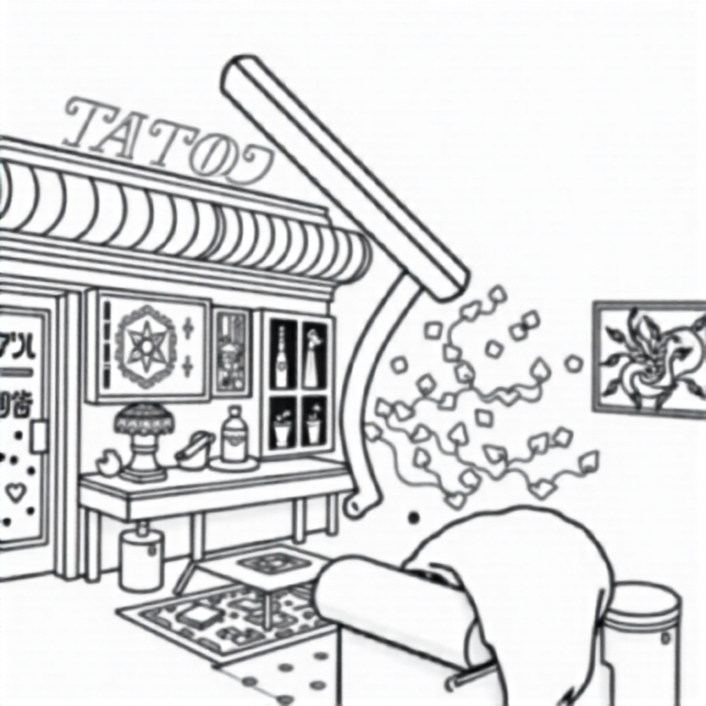 A tattoo design of Scifi house Interiors, by Syd Mead in the style of japanese. - science fiction tattoo design generated by AI tattoo generator