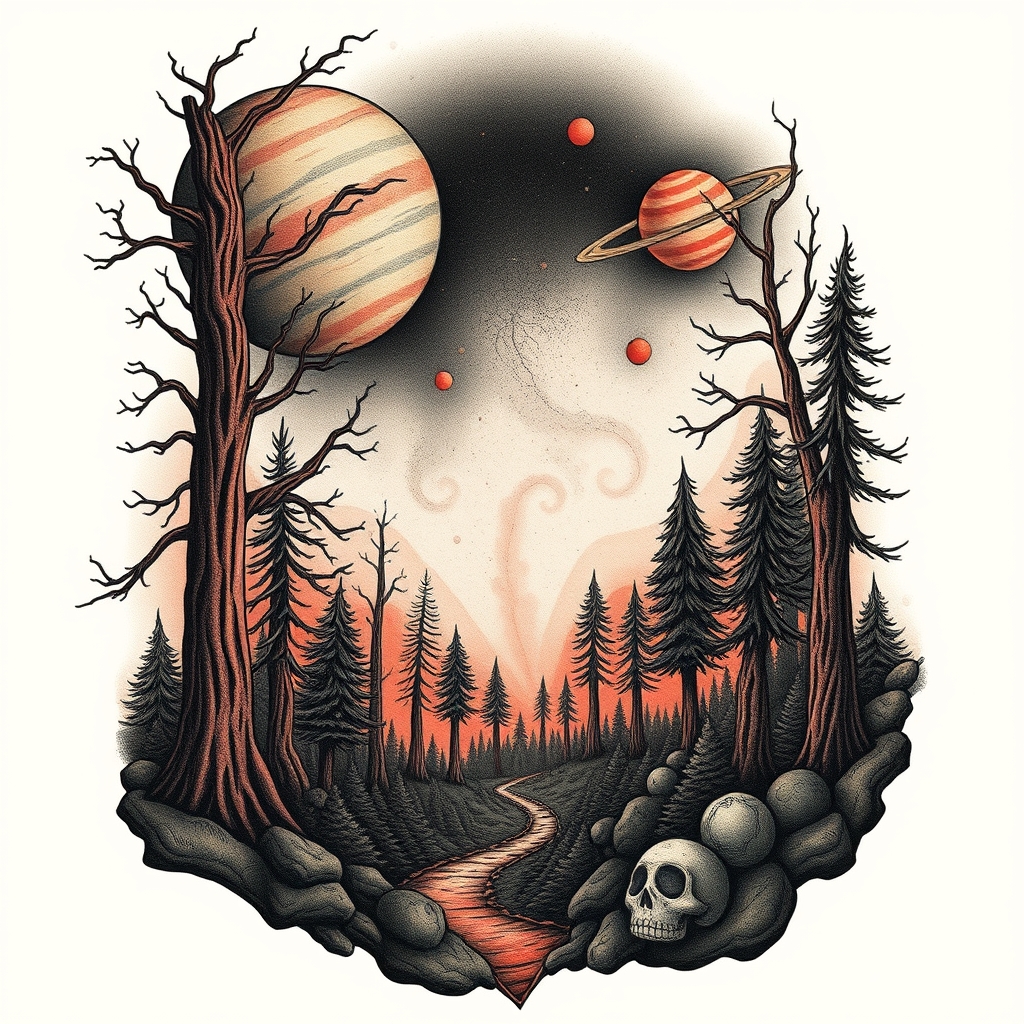 A tattoo design of Scary Forest and planets in the style of surrealistic. - space fantasy tattoo design generated by AI tattoo generator
