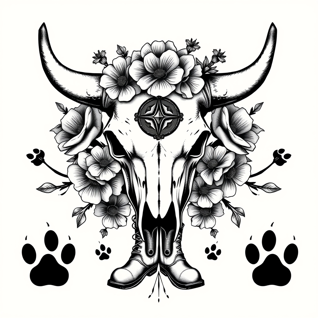 A tattoo design of Rustic bull skull with ariat boots, flowers and paw prints in the style of realistic. - wildlife western tattoo design generated by AI tattoo generator