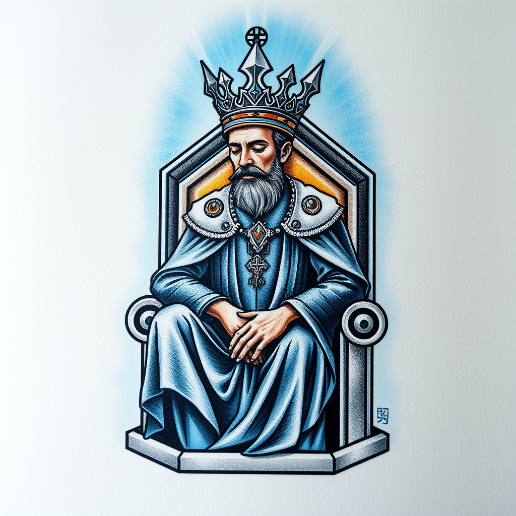 A tattoo design of A king sitting on his hexagon shaped throne, his eyes closed, his face soft, and his aura light blue and silver around him, his crown is streaming light in the style of geometric. - mythical royalty tattoo design generated by AI tattoo generator