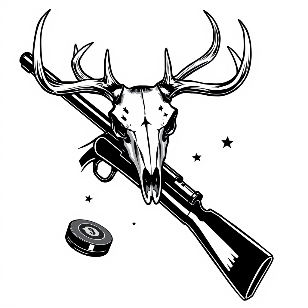 A tattoo design of a deer skull on top of the x of a lever action rifle and a hockey stick all blackout with with a white background with a hockey puck on the bottom of the x in the style of realistic. - hunting sports tattoo design generated by AI tattoo generator