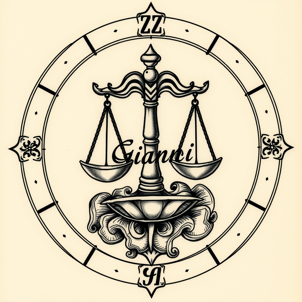 A tattoo design of  tattoo detailed libra zodiac with "Gianni" in it in the style of japanese. - zodiac symbol tattoo design generated by AI tattoo generator