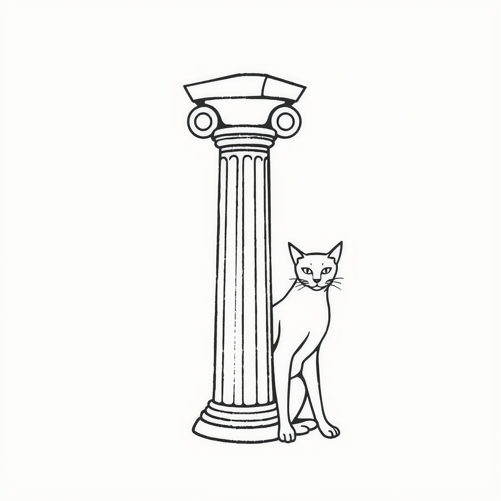 A tattoo design of Simple lined Greek pillar with a sleek cat stretching next to it  in the style of geometric. - greek architecture animal tattoo design generated by AI tattoo generator