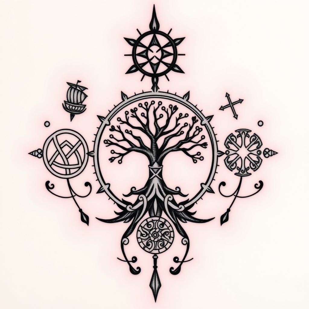 A tattoo design of •      ↗  (Celtic triskele + thistle) ↖                ↗          •——O——• ↗                ↗      ↙  (Danish Vegvísir + tiny ship)          •          Center: small Tree of Life           •      ↘  (Zambian fish eagle + copper sunburst) ↘                ↘          •——O——• ↘                ↘      ↙  (Australian boab tree + Southern Cross)           • in the style of tribal. - symbolic tribal art tattoo design generated by AI tattoo generator