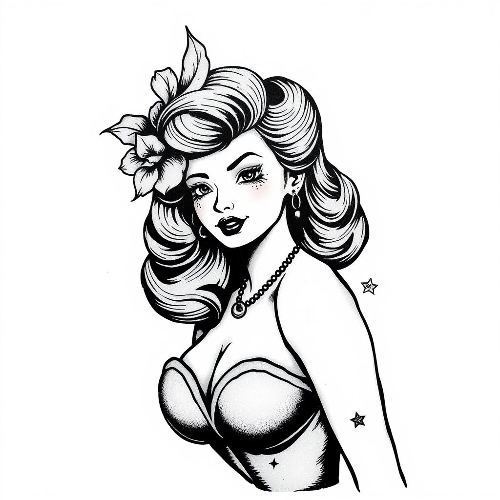 A tattoo design of pinup bw girl in the style of blackwork. - pin up girl tattoo design generated by AI tattoo generator