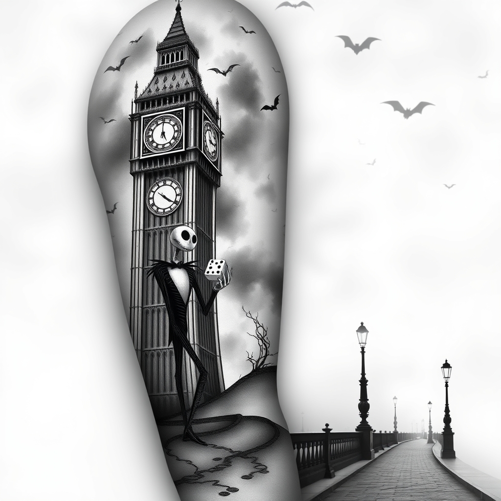 A tattoo design of 1. Big Ben (Shoulder)  Rendered in intricate black and grey with detailed architecture.  Clock set to 10:23.  Looming against a misty, clouded night sky with scattered bats flying by.  Use subtle shadowing to give it a towering, eerie vibe, Jack Skellington & Oogie Boogie with dice in one hand.  Incorporate faint swirls or smoke to blend his form with the surrounding shadows. lower Arm/Wrist  London cobblestone street fading into fog with footprints or skeletal handprints.  Lamp posts glowing faintly in the distance.  Possibly integrate bats or wisps flowing down toward the wrist. Use High contrast shading to dramatize the night atmosphere.  Textural contrasts (brick, fog, burlap, bones) to keep it visually engaging across the sleeve. in the style of surrealistic. - london cityscape tattoo design generated by AI tattoo generator