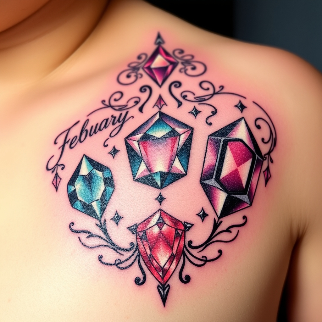 A tattoo design of February and August and December birth stones in the style of realistic. - birth stones tattoo design generated by AI tattoo generator
