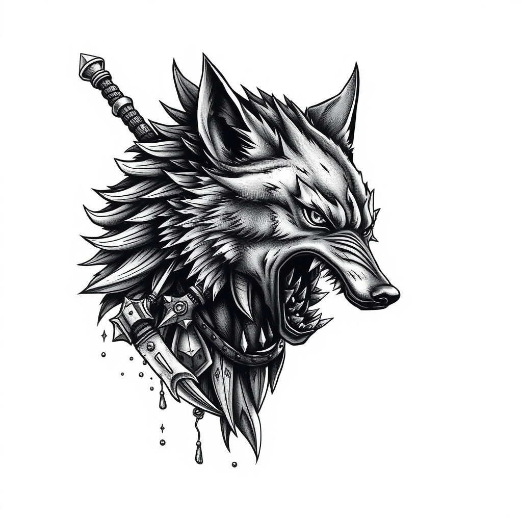 A tattoo design of Fearless wolf warrior in the style of realistic. - animal fantasy tattoo design generated by AI tattoo generator