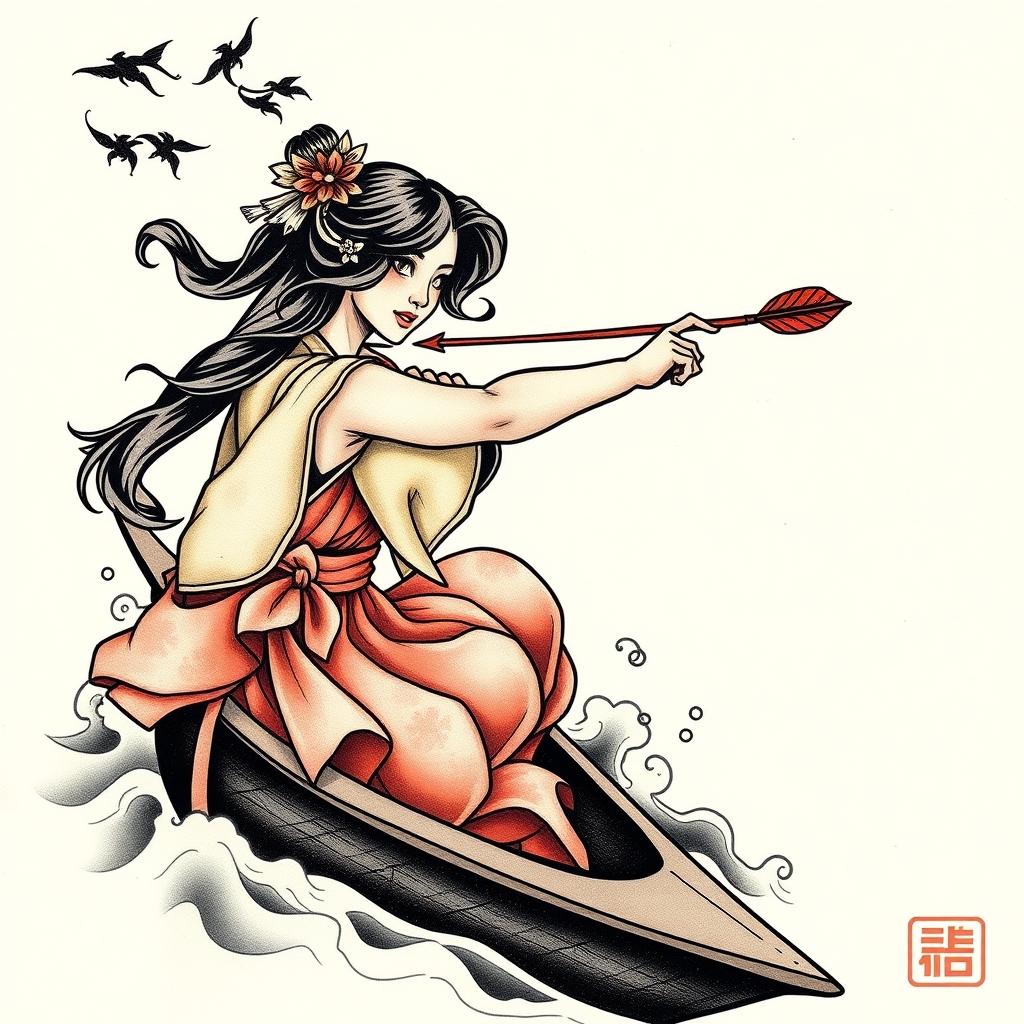 A tattoo design of Woman shooting arrow from canoe in the style of japanese. - mythology fantasy tattoo design generated by AI tattoo generator