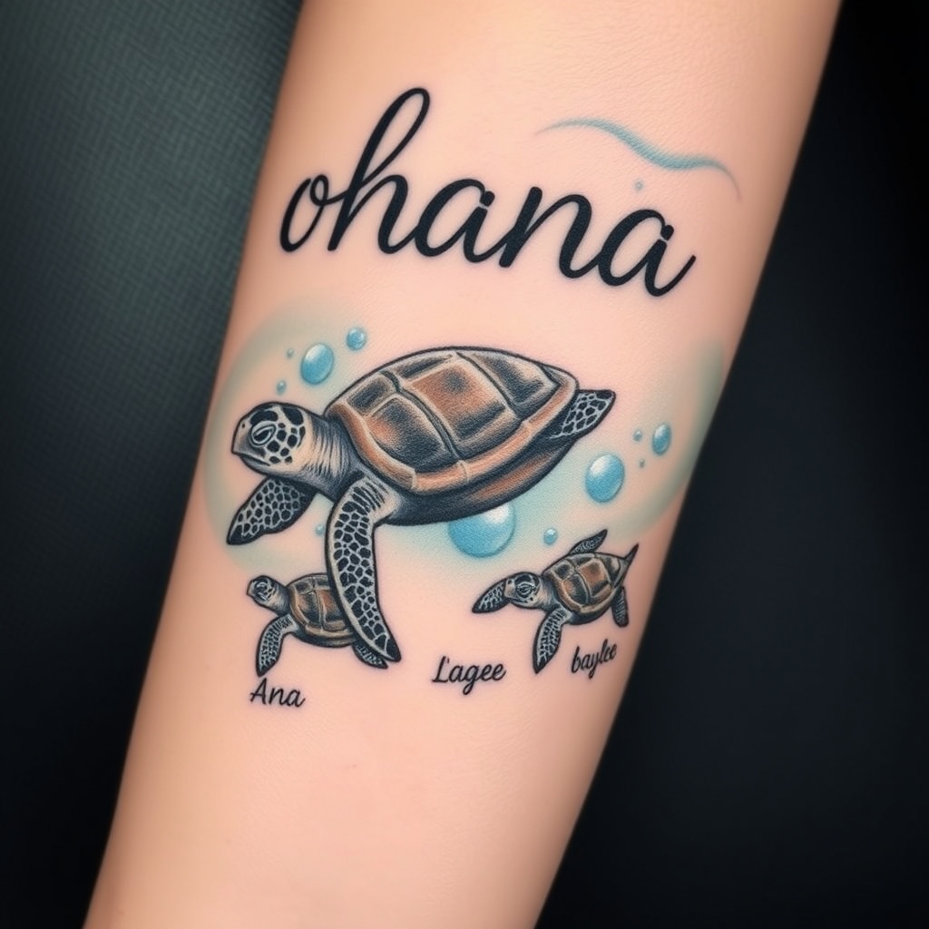 A tattoo design of A momma sea turtle swimming toward the word ohana with 3 baby sea turtles following behind in a stream of water with the names Ana Logan and baylee by the baby sea turtles. The baby sea turtles looking like Finding Nemo sea turtles tattoo for forearm in the style of surrealistic. - sea turtles and family tattoo design generated by AI tattoo generator