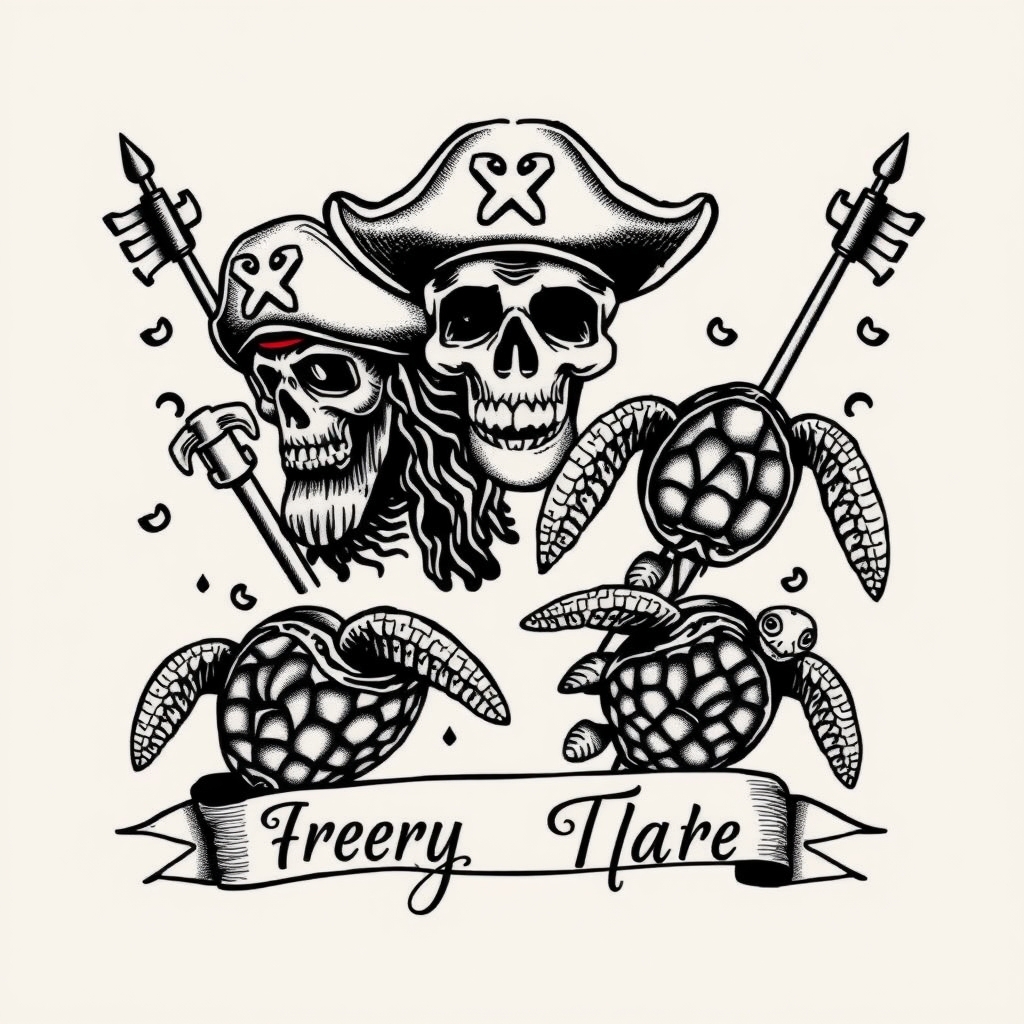 A tattoo design of Pirates, sea turtles & two names in the style of traditional. - marine life tattoo design generated by AI tattoo generator
