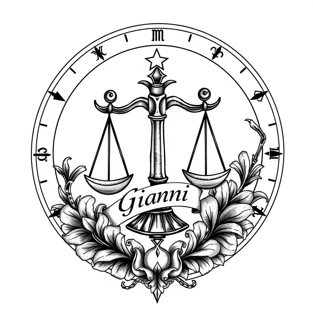 A tattoo design of  tattoo detailed libra zodiac with "Gianni" in it in the style of realistic. - zodiac symbol tattoo design generated by AI tattoo generator