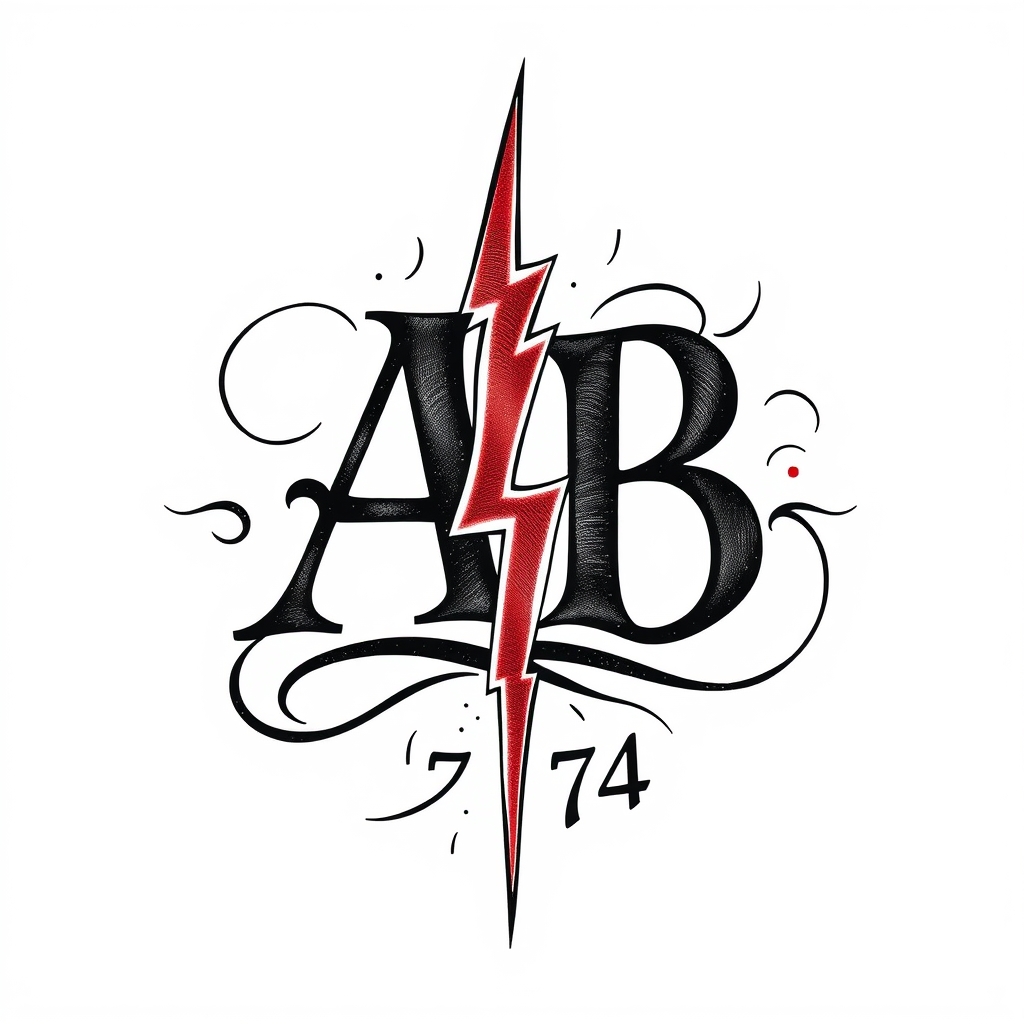 A tattoo design of Initials AB, year 74, lightning bolt in the style of realistic. - symbol tattoo design generated by AI tattoo generator