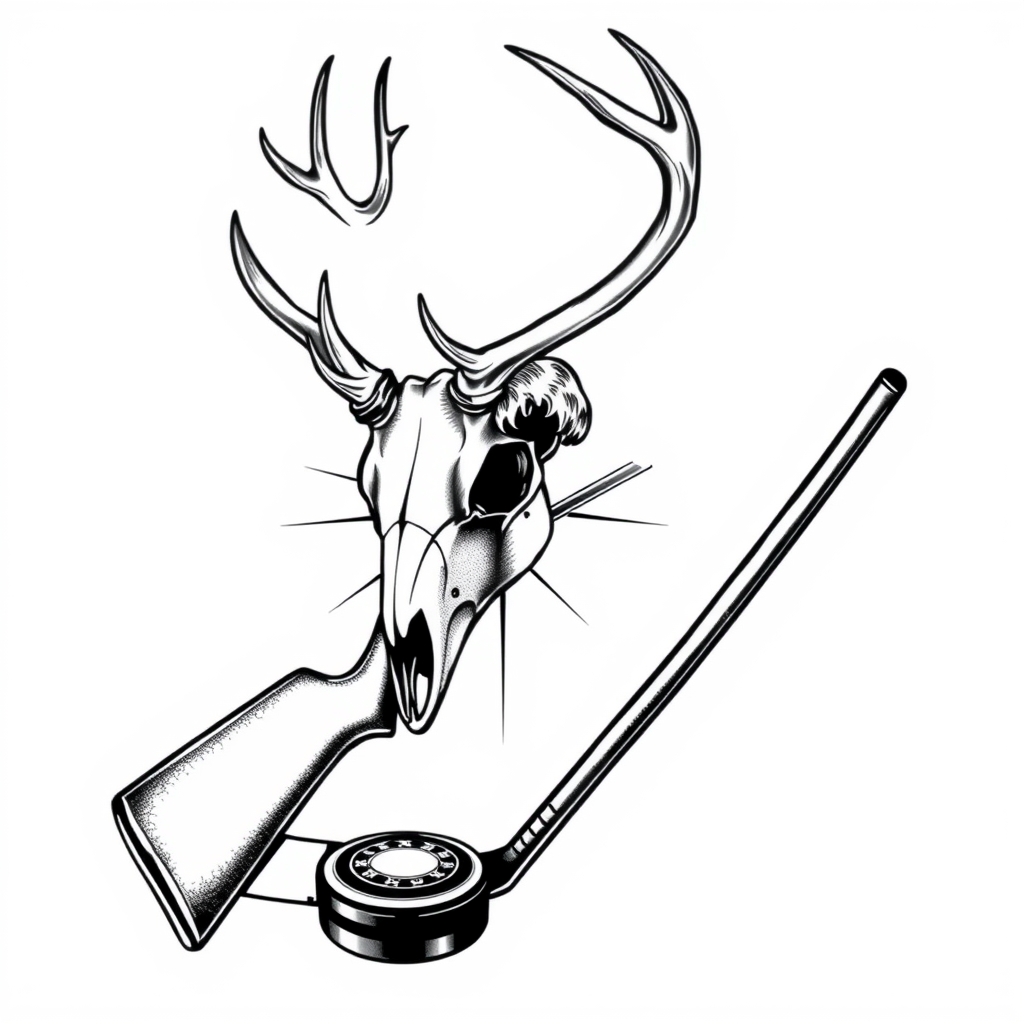 A tattoo design of a deer skull on top of the x of a lever action rifle and a hockey stick all blackout with with a white background with a hockey puck on the bottom of the x in the style of realistic. - hunting sports tattoo design generated by AI tattoo generator