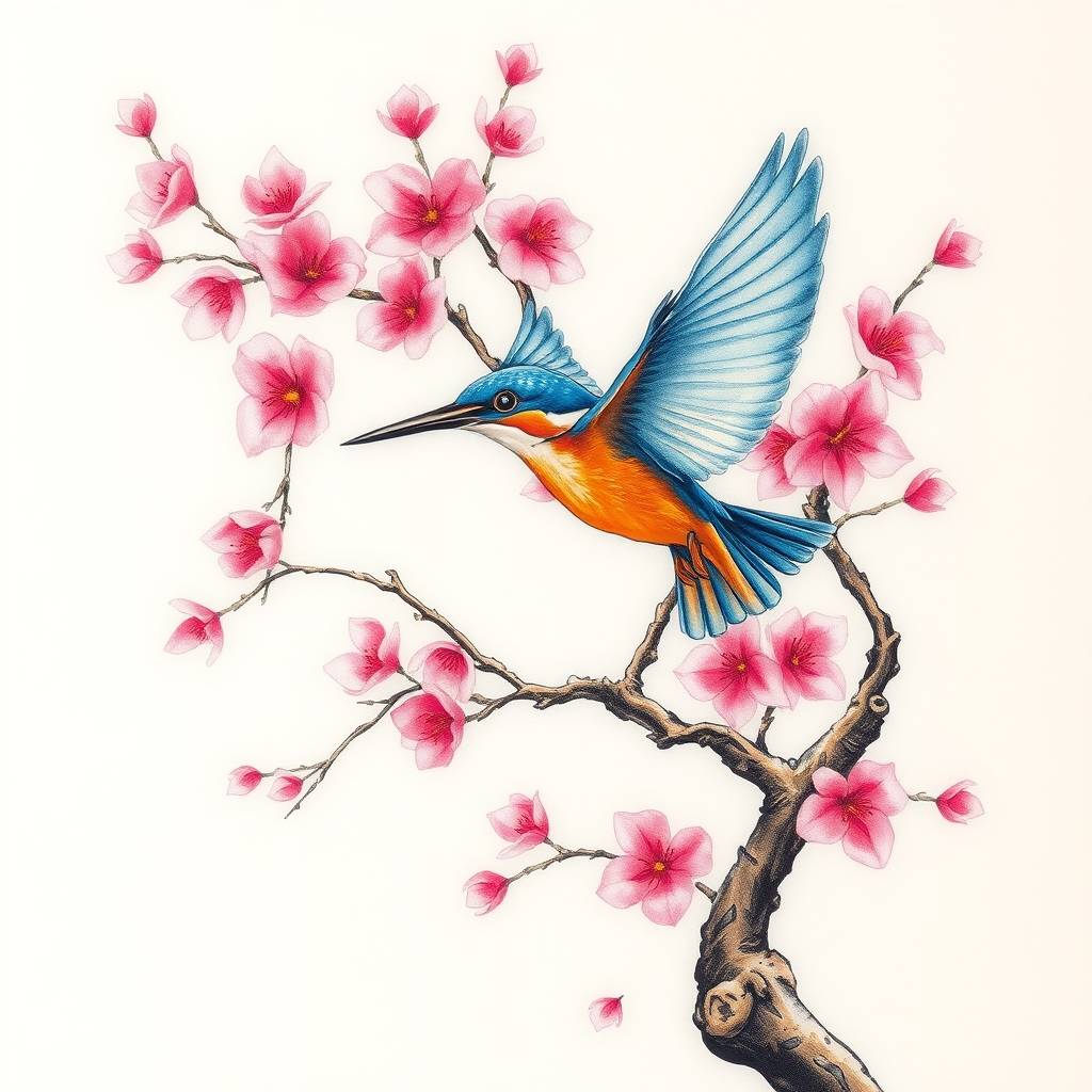 A tattoo design of Pink cherry blossom tree with flying blue and orange kingfisher in the style of watercolor. - nature tattoo design generated by AI tattoo generator