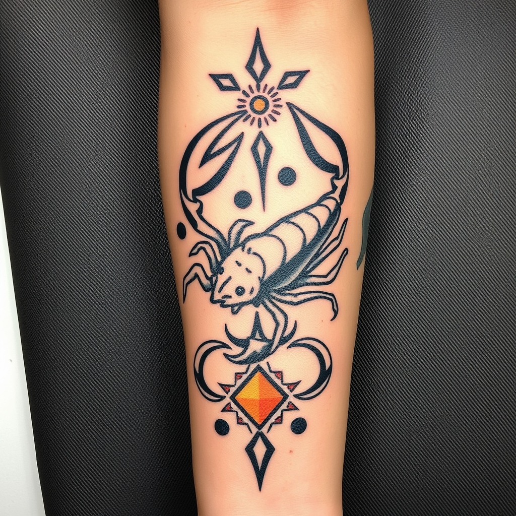 A tattoo design of  scorpio, pisces tattoo forearm continuous black blue/yellow brown in the style of tribal. - astrology sign tattoo design generated by AI tattoo generator