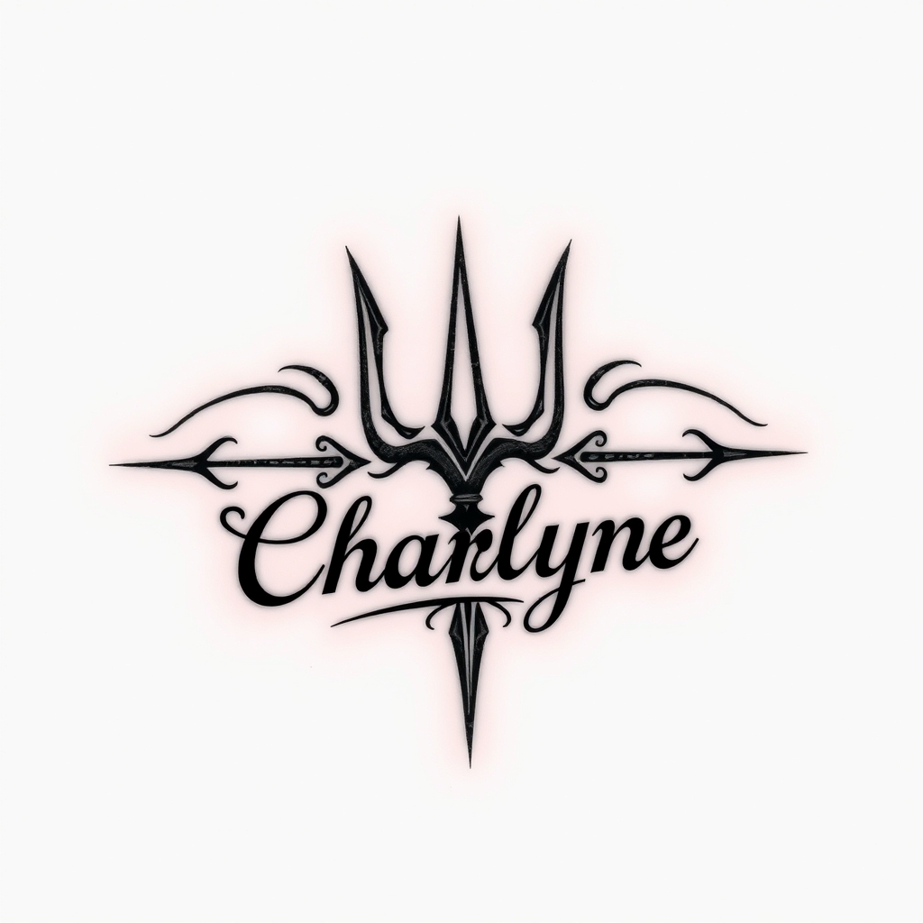 A tattoo design of Guerrière Vicking avec des signes tribaux, le prénom Charlyne écrit en Vicking, armée d'un trident in the style of geometric. - viking warrior tattoo design generated by AI tattoo generator