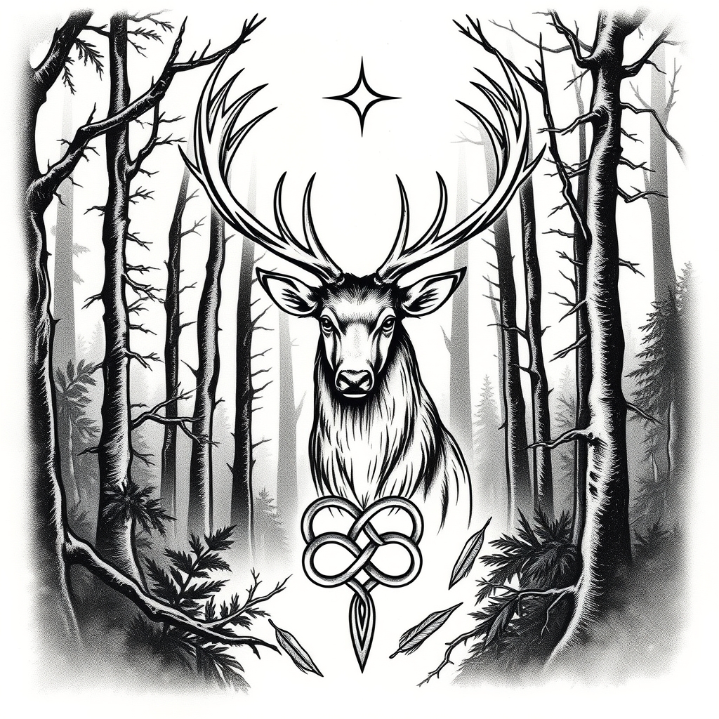 A tattoo design of A majestic Stag in a dense, lush forest with Celtic symbolism - Triskeles, tiple celtic knots. There is also some smaller details e.g. thorny branches, fallen feathers. looking to symbolise growth, and strength following periods of shame, regret and a mental health issues following a difficult time in my life in the style of minimalist. - wildlife forest tattoo design generated by AI tattoo generator